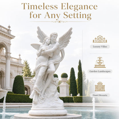 Hand-Carved Marble Cupid and Psyche Statue - 60" White Garden Sculpture