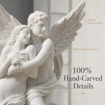 Hand-Carved Marble Cupid and Psyche Statue - 60" White Garden Sculpture