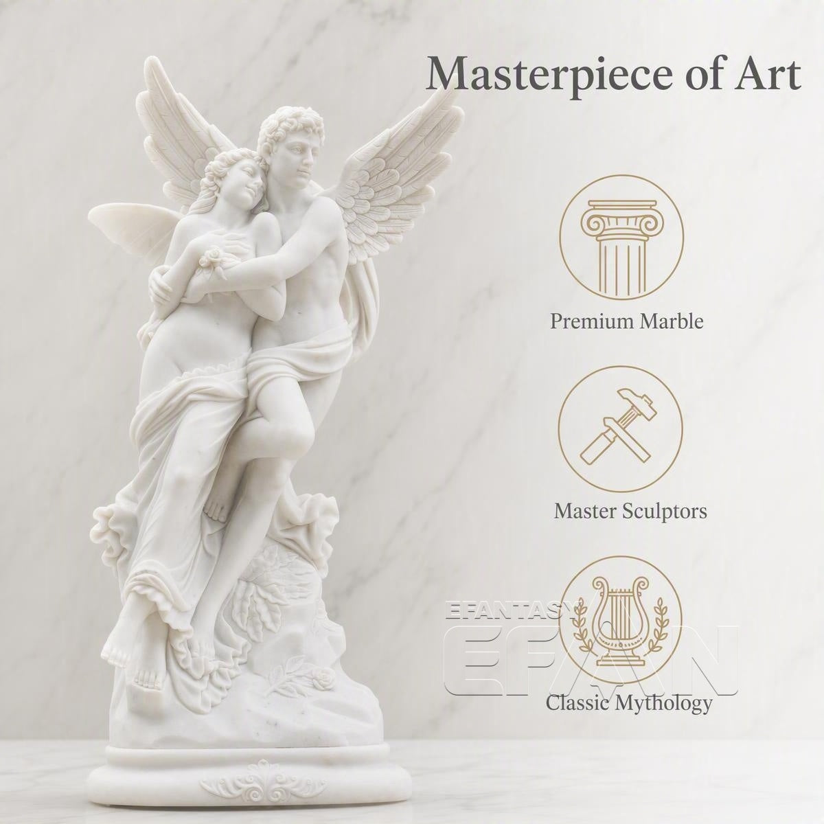 Hand-Carved Marble Cupid and Psyche Statue - 60" White Garden Sculpture