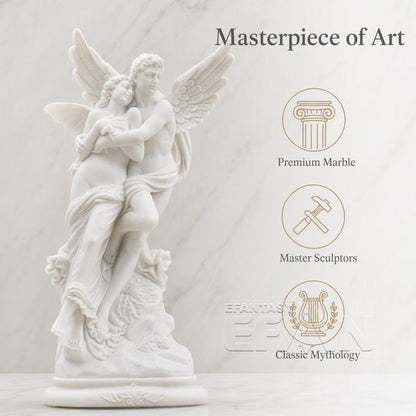 Hand-Carved Marble Cupid and Psyche Statue - 60" White Garden Sculpture