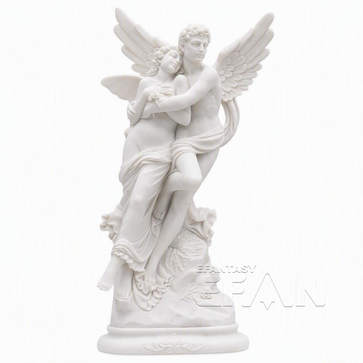 Hand-Carved Marble Cupid and Psyche Statue - 60" White Garden Sculpture
