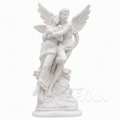 Hand-Carved Marble Cupid and Psyche Statue - 60" White Garden Sculpture