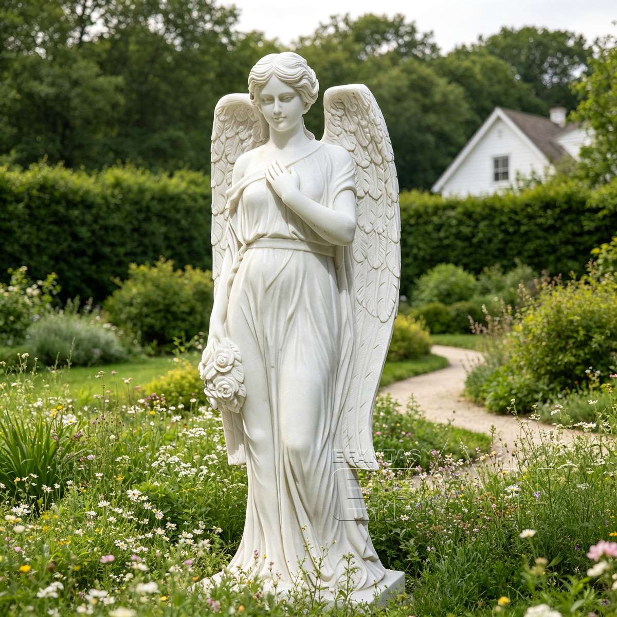 Hand Carved White Marble Angel Statue for Garden