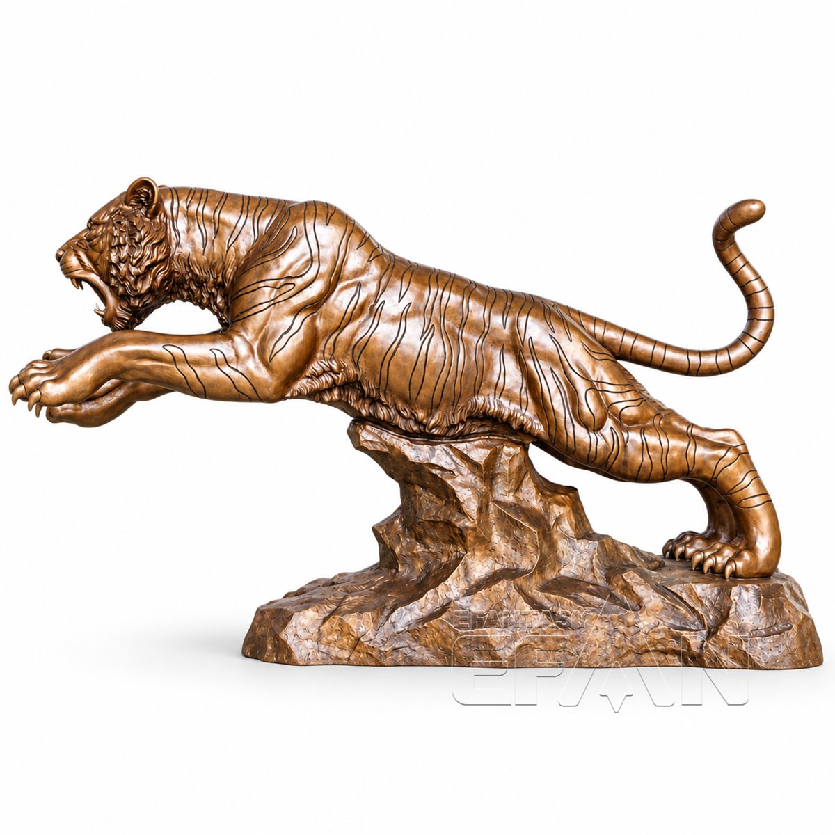 Large Antique Bronze Leaping Tiger Sculpture on Rock