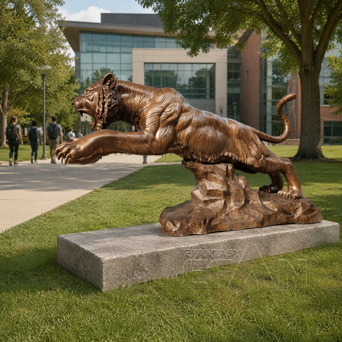 Large Antique Bronze Leaping Tiger Sculpture on Rock