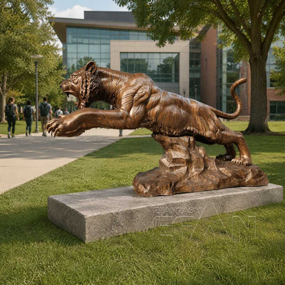 Large Antique Bronze Leaping Tiger Sculpture on Rock
