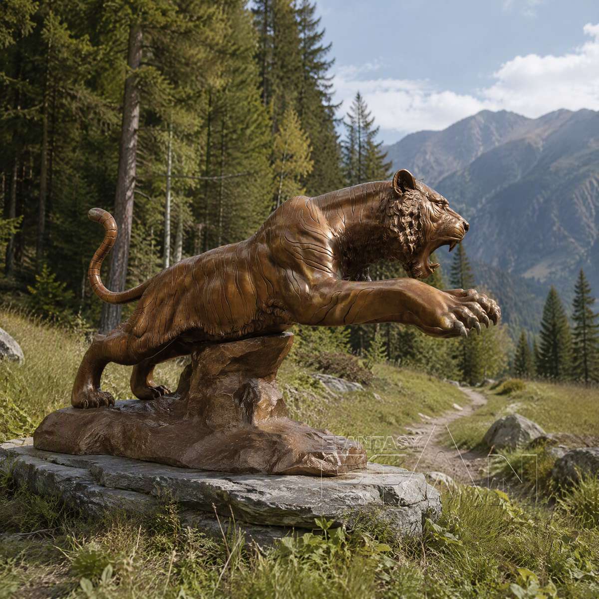 Large Antique Bronze Leaping Tiger Sculpture on Rock