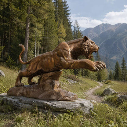 Large Antique Bronze Leaping Tiger Sculpture on Rock