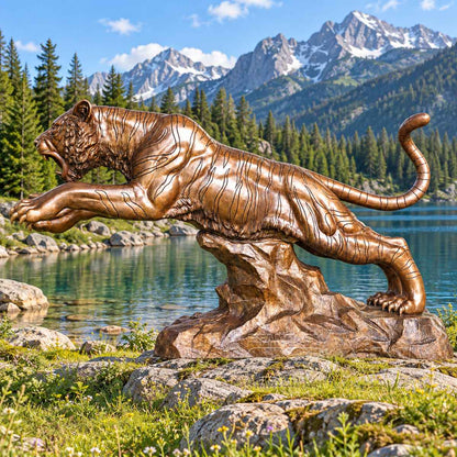 Large Antique Bronze Leaping Tiger Sculpture on Rock