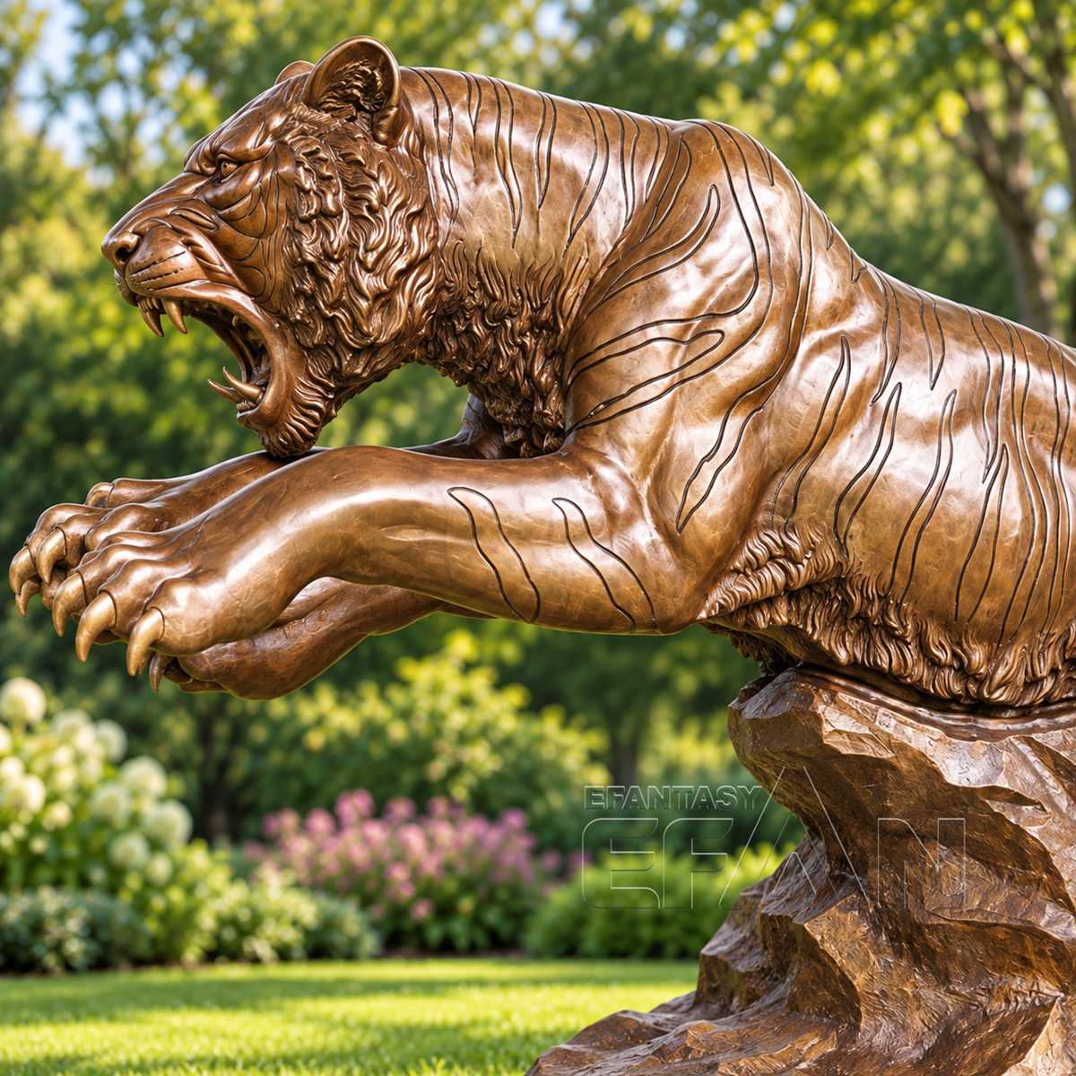 Large Antique Bronze Leaping Tiger Sculpture on Rock