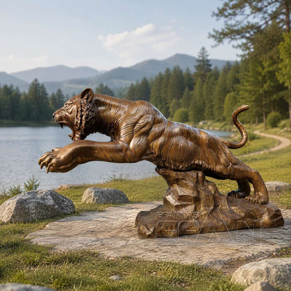 Large Antique Bronze Leaping Tiger Sculpture on Rock