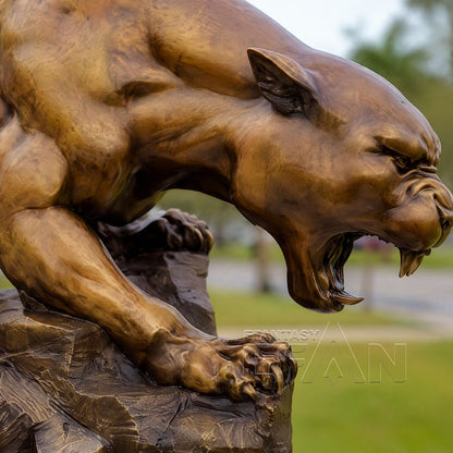 Large Antique Gold Bronze Roaring Panther Sculpture on Rock