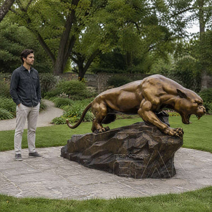 Large Antique Gold Bronze Roaring Panther Sculpture on Rock