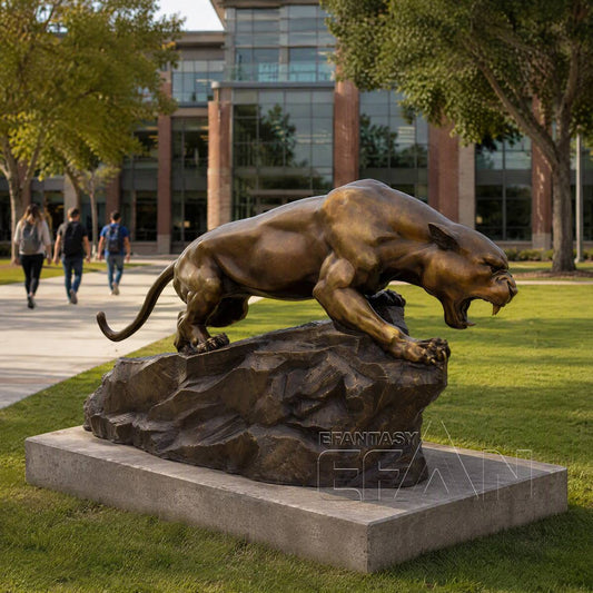 Large Antique Gold Bronze Roaring Panther Sculpture on Rock