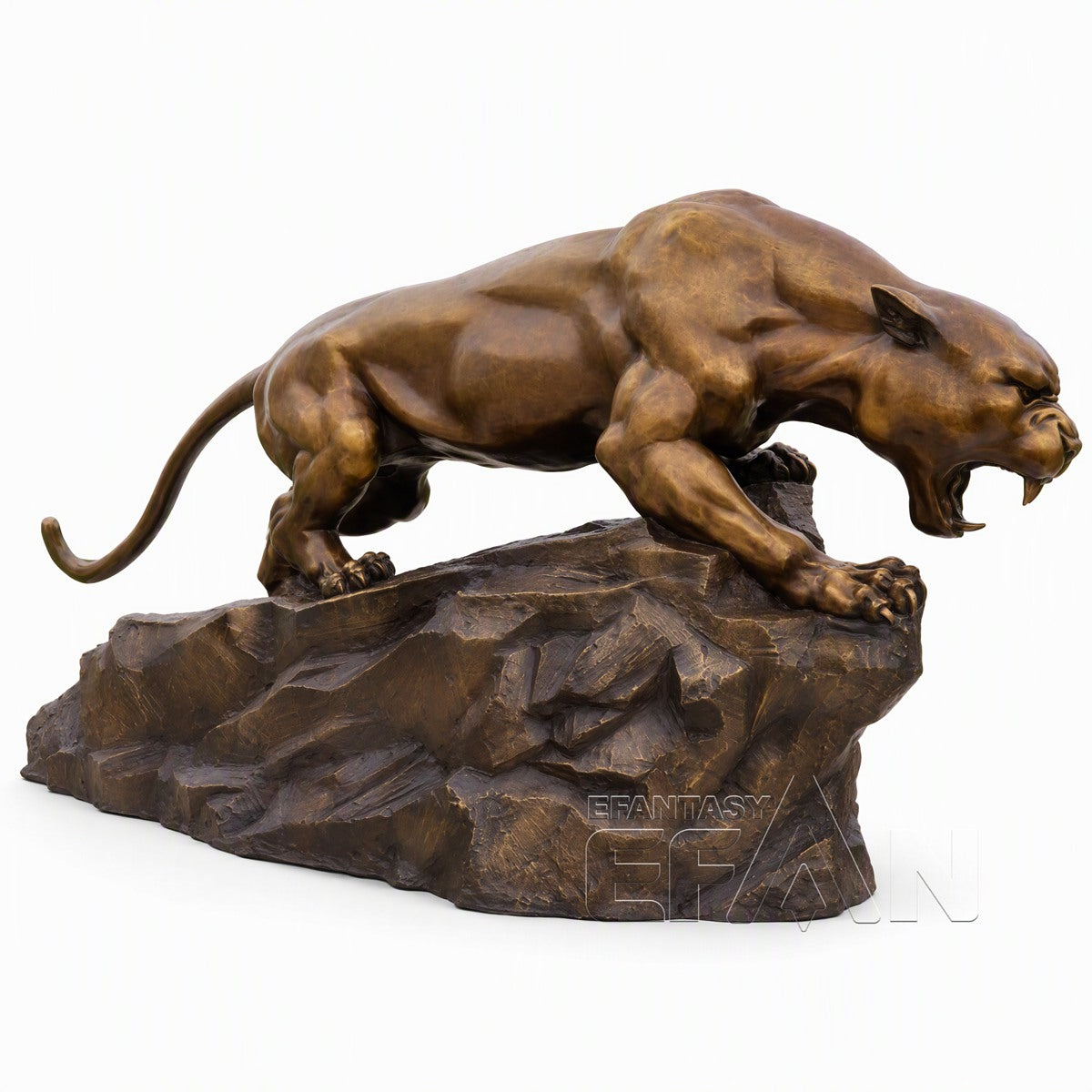 Large Antique Gold Bronze Roaring Panther Sculpture on Rock