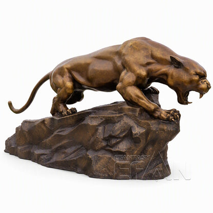 Large Antique Gold Bronze Roaring Panther Sculpture on Rock