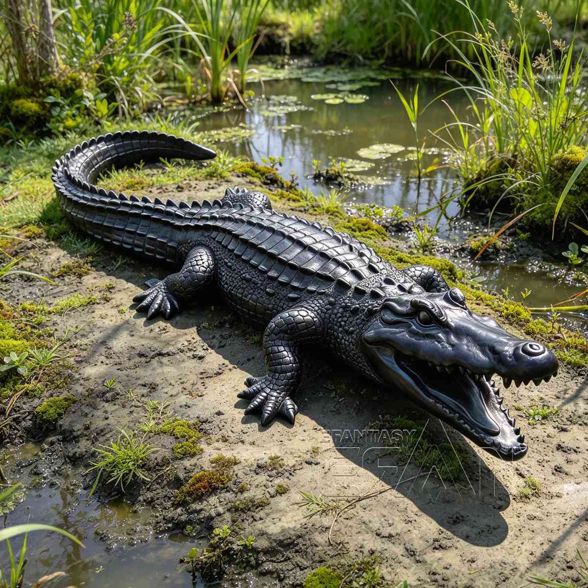 Large black bronze crocodile sculpture with open jaws and textured scales