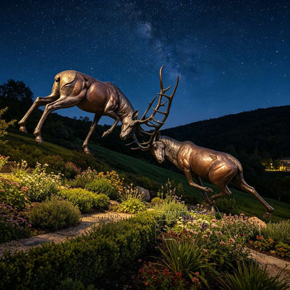 Pair of bronze elk sculptures arranged in a dynamic wildlife scene