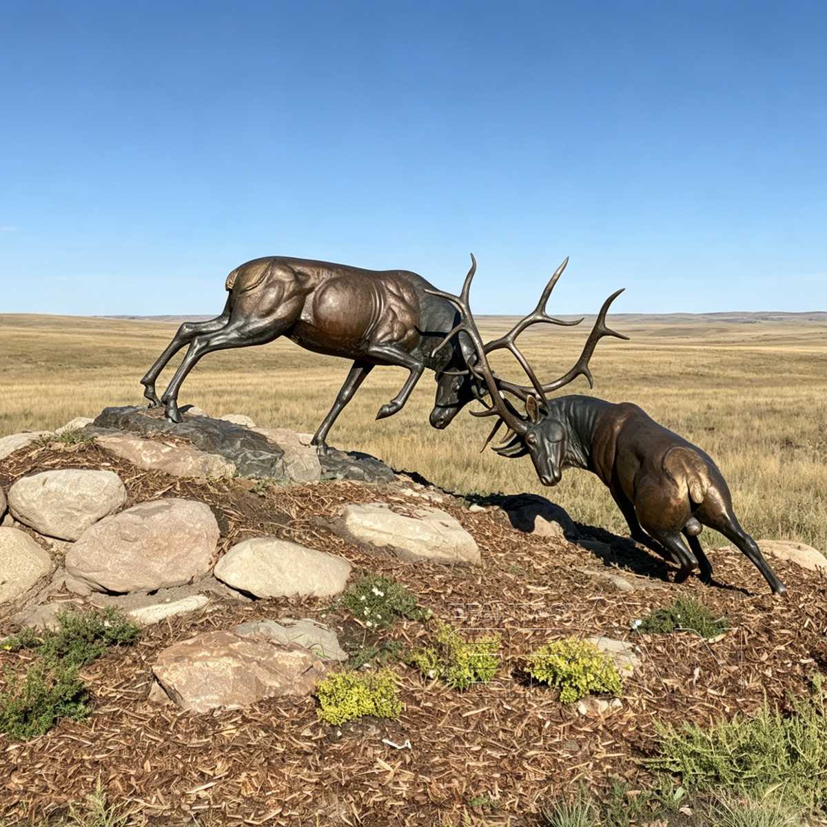 Two bronze elk sculptures locking antlers in a fighting pose