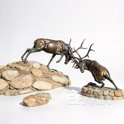 Antique brown bronze fighting elk statue set with detailed antlers