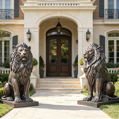 Large Bronze Lion Statues for Estate Entrance