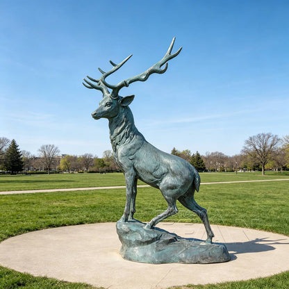 Large Green Patina Bronze Stag Deer Statue with Antlers for Outdoor Garden and Park
