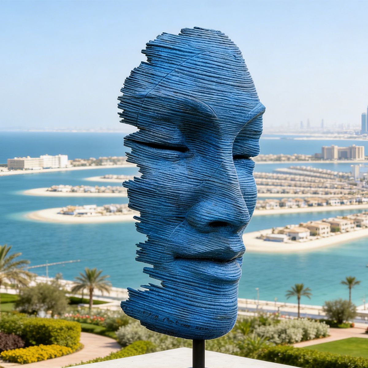 Layered Blue Abstract Face Sculpture
