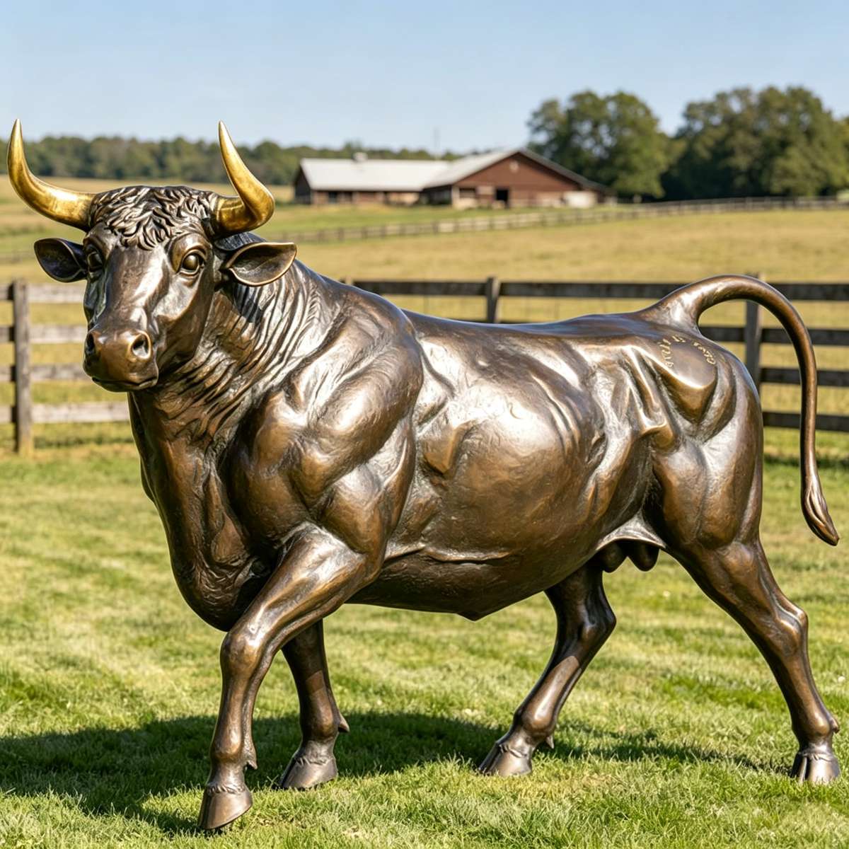 Lifesize Bronze Bull Statue with Golden Horns for Outdoor Lawn Garden & Farm