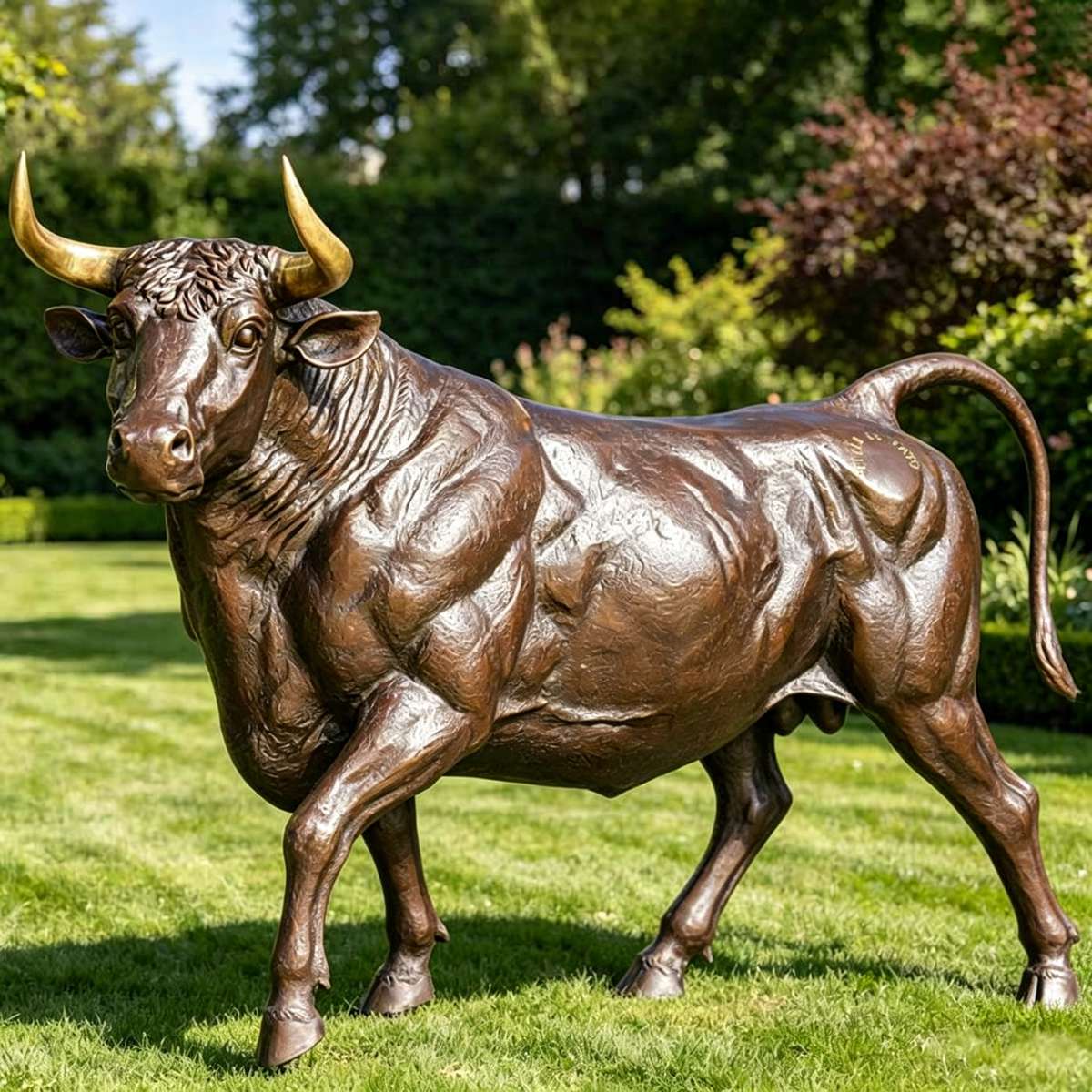 Lifesize Bronze Bull Statue with Golden Horns for Outdoor Lawn Garden & Farm