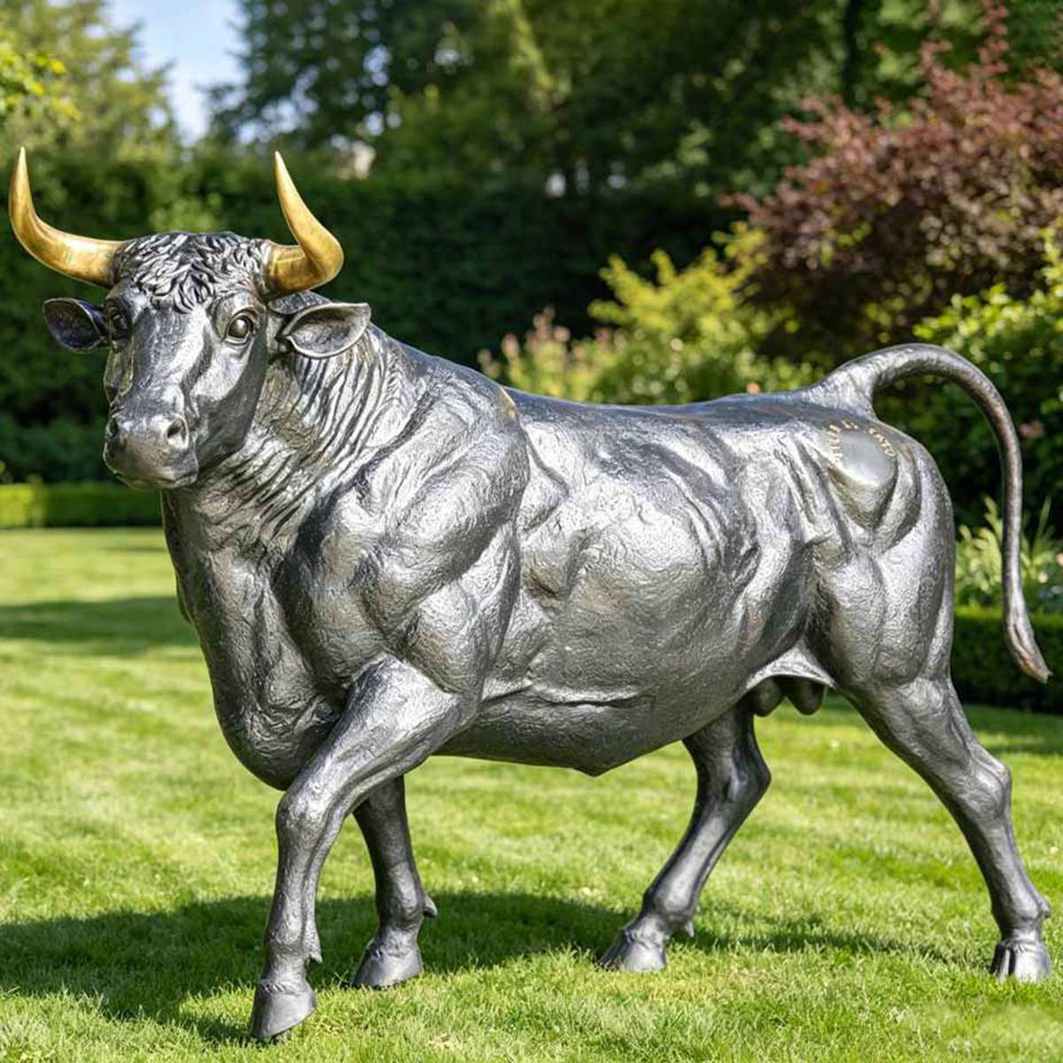 Lifesize Bronze Bull Statue with Golden Horns for Outdoor Lawn Garden & Farm