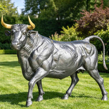 Lifesize Bronze Bull Statue with Golden Horns for Outdoor Lawn Garden & Farm