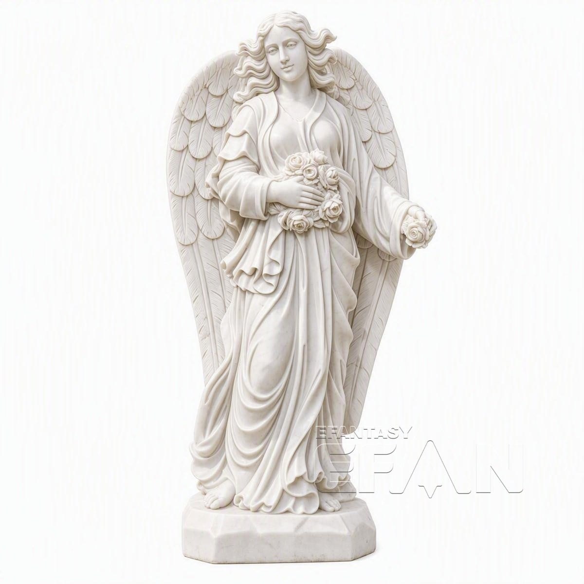 Marble Angel Statue Holding Flowers for Garden and Memorial Decoration