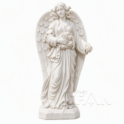 Marble Angel Statue Holding Flowers for Garden and Memorial Decoration