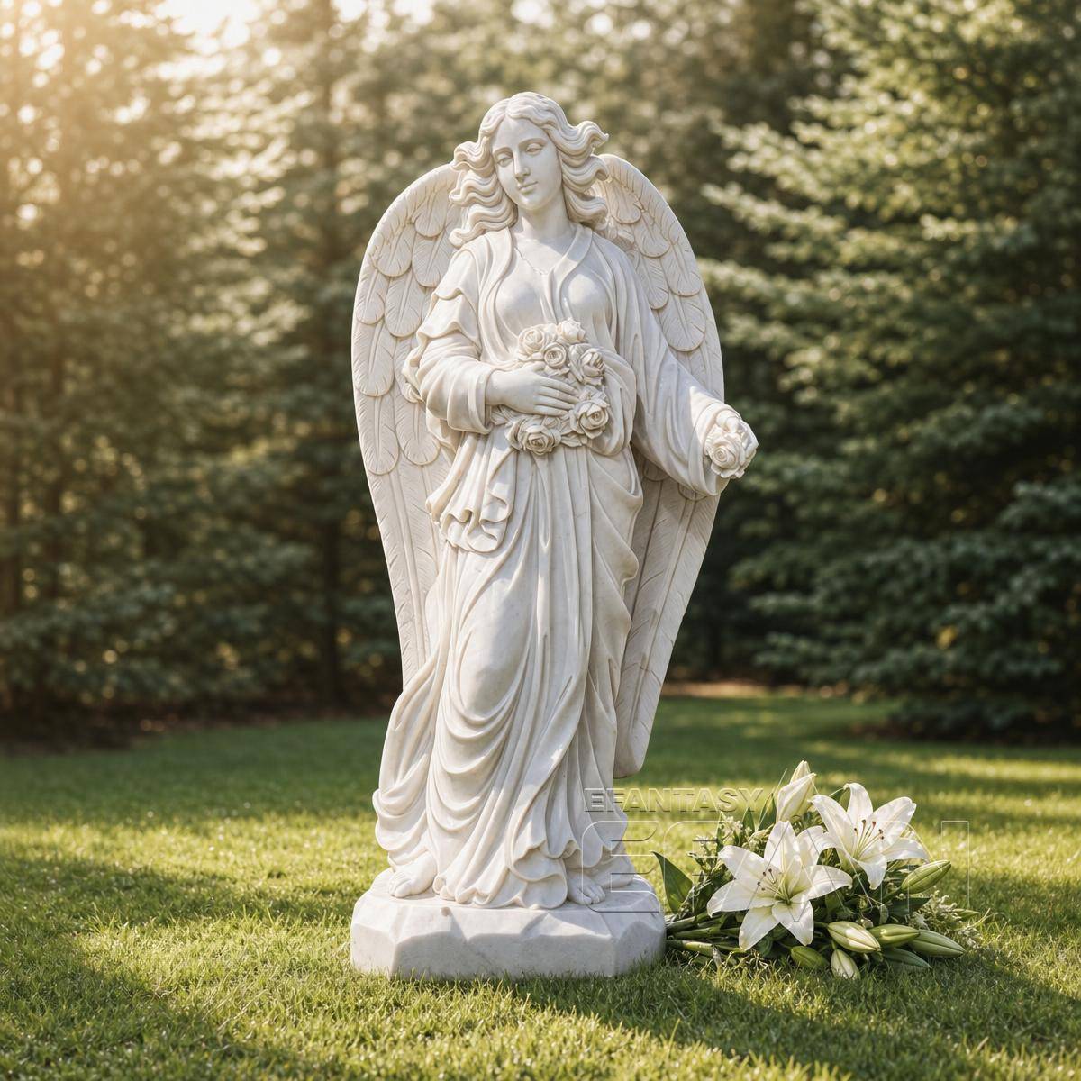 Marble Angel Statue Holding Flowers for Garden and Memorial Decoration