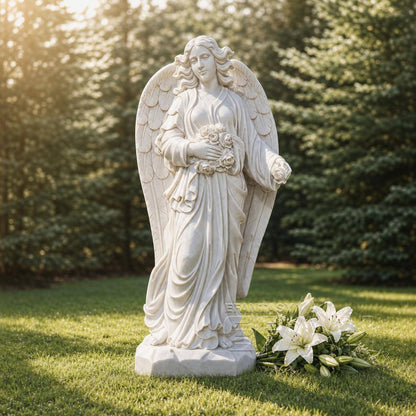 Marble Angel Statue Holding Flowers for Garden and Memorial Decoration