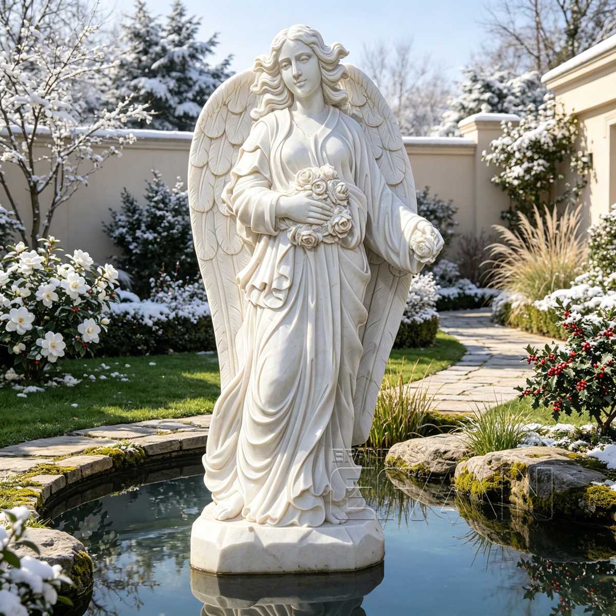 Marble Angel Statue Holding Flowers for Garden and Memorial Decoration