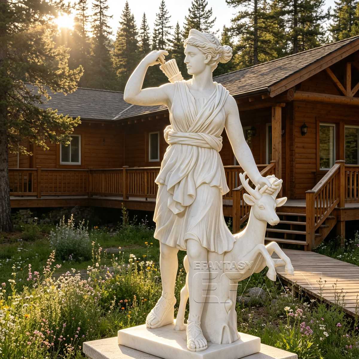 Marble Artemis Goddess Statue with Deer for Courtyard & Resort & Park