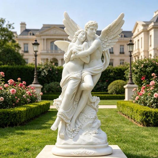 Hand-Carved Marble Cupid and Psyche Statue - 60" White Garden Sculpture