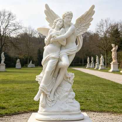 Hand-Carved Marble Cupid and Psyche Statue - 60" White Garden Sculpture