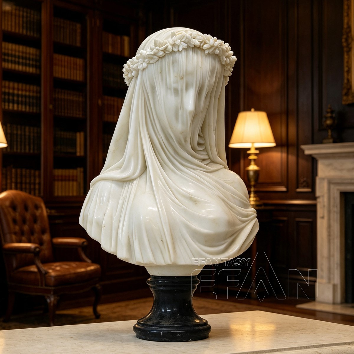 Marble Veiled Virgin Sculpture with Floral Crown for Living Room & Library & Hotel Lobby