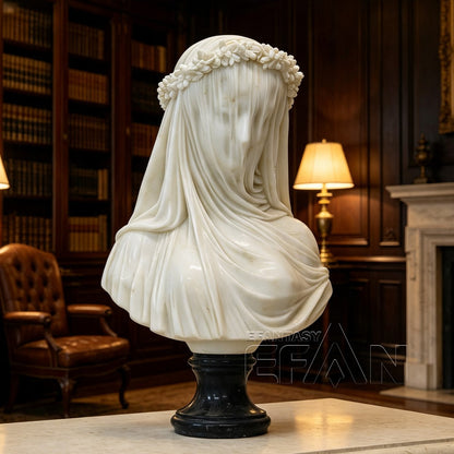 Marble Veiled Virgin Sculpture with Floral Crown for Living Room & Library & Hotel Lobby