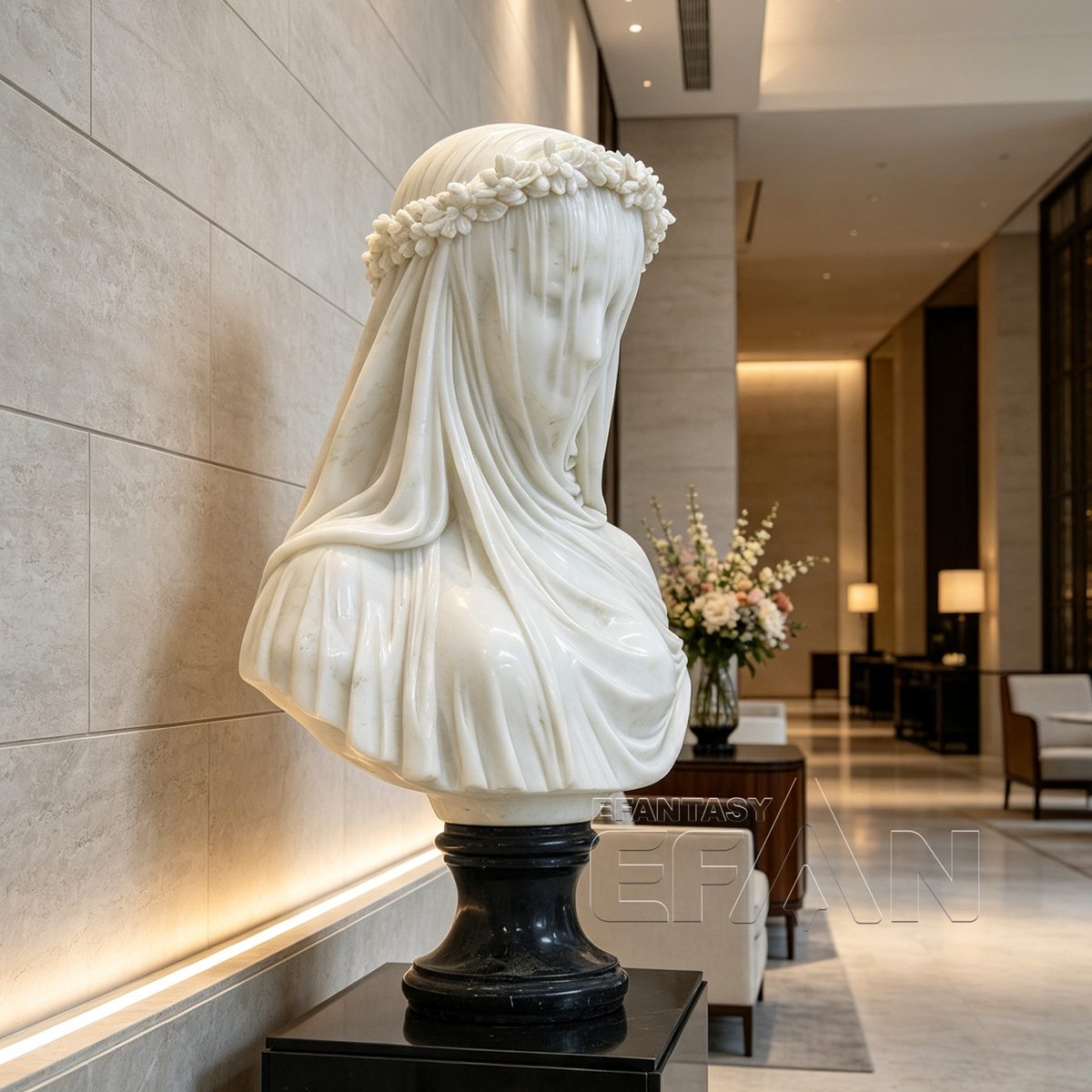 Marble Veiled Virgin Sculpture with Floral Crown for Living Room & Library & Hotel Lobby