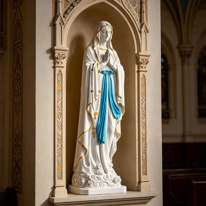 Natural White Marble Our Lady of Lourdes Statue with Rosary and Rose Base for Outdoor Garden, Church, and Religious Courtyard Decor