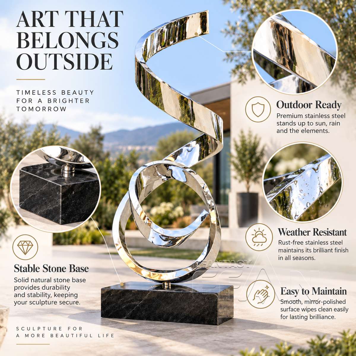Mirror Polished Stainless Steel Abstract Ribbon Sculpture