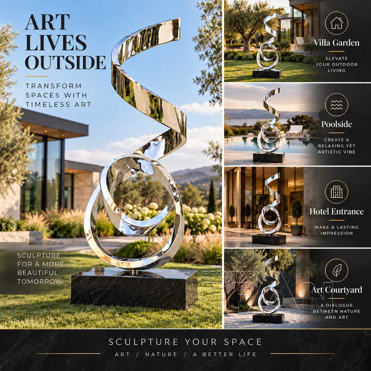 Mirror Polished Stainless Steel Abstract Ribbon Sculpture