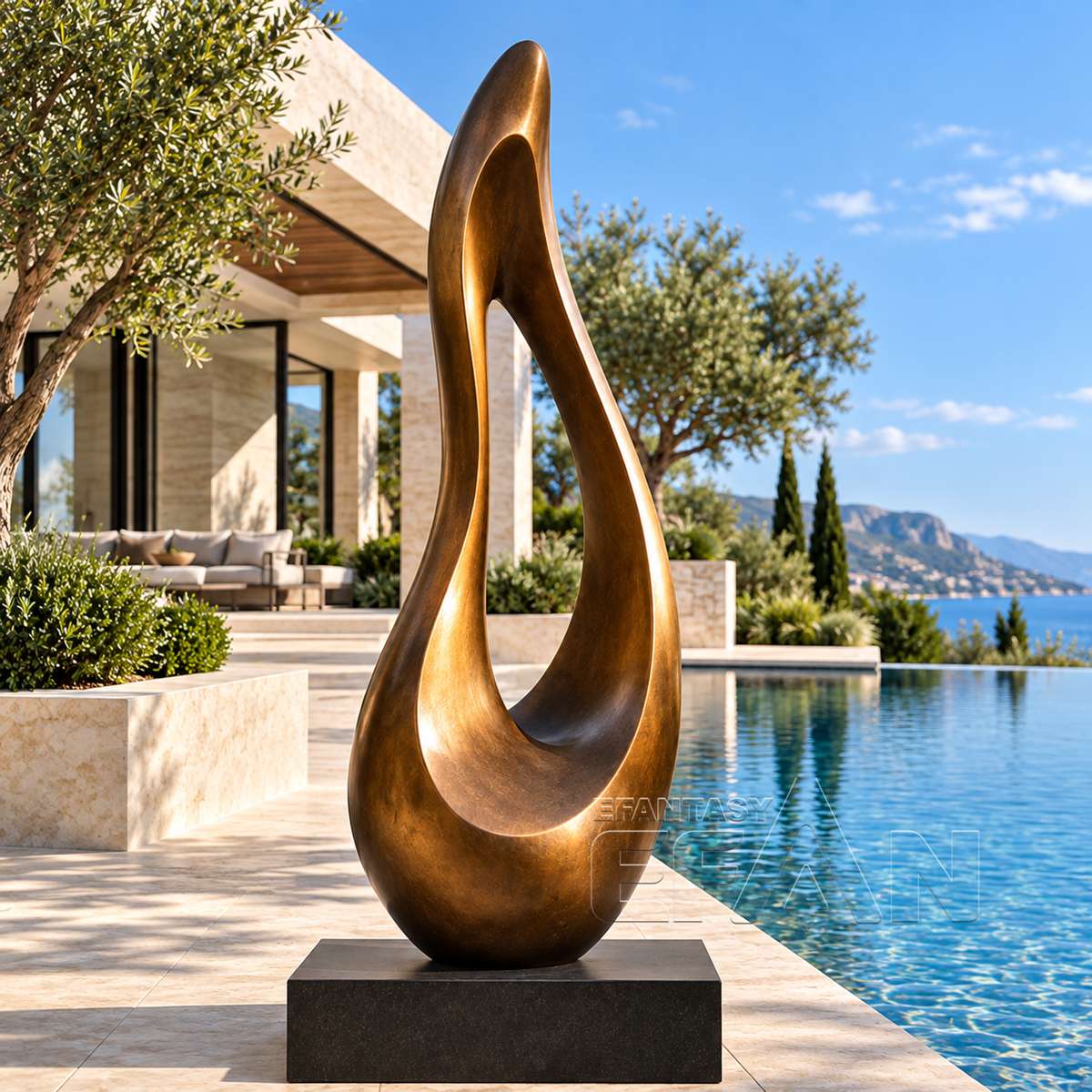 Modern Abstract Bronze Flame Sculpture for Villa & Poolside Decor