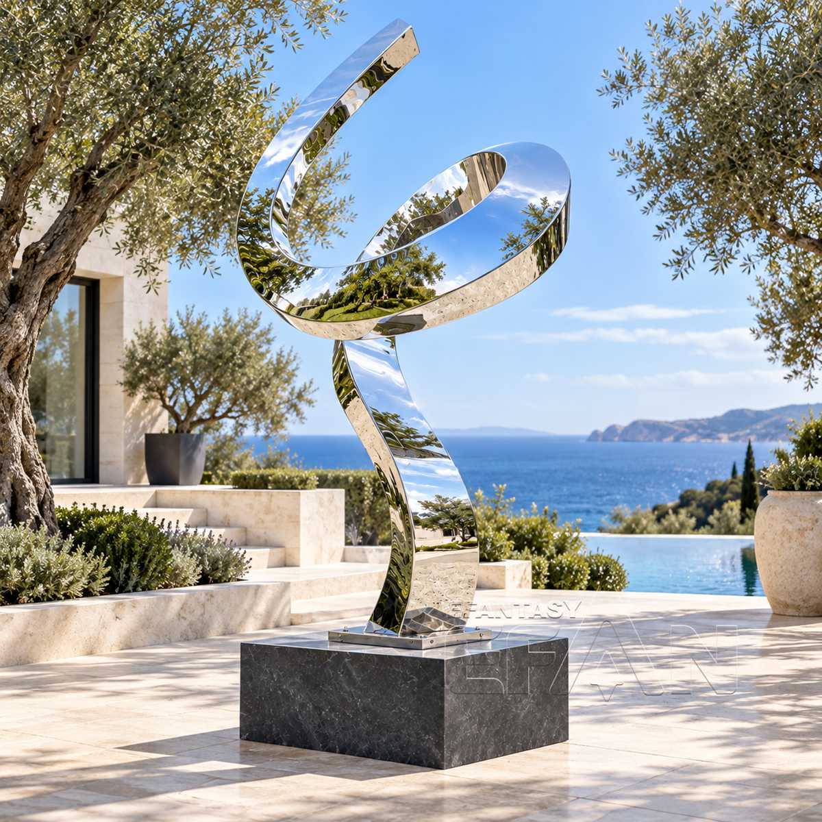 Modern Stainless Steel Flowing Ribbon Sculpture for Villa Garden