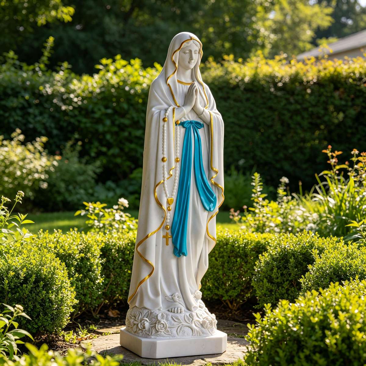 Natural White Marble Our Lady of Lourdes Statue with Rosary and Rose Base for Outdoor Garden, Church, and Religious Courtyard Decor