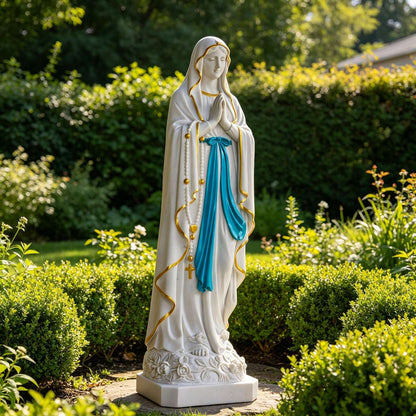 Natural White Marble Our Lady of Lourdes Statue with Rosary and Rose Base for Outdoor Garden, Church, and Religious Courtyard Decor