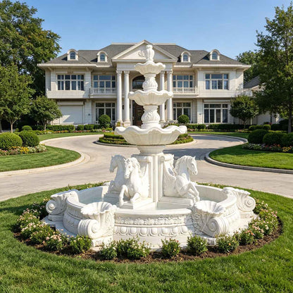 Natural White Marble Fountain with Four Pegasus Statues